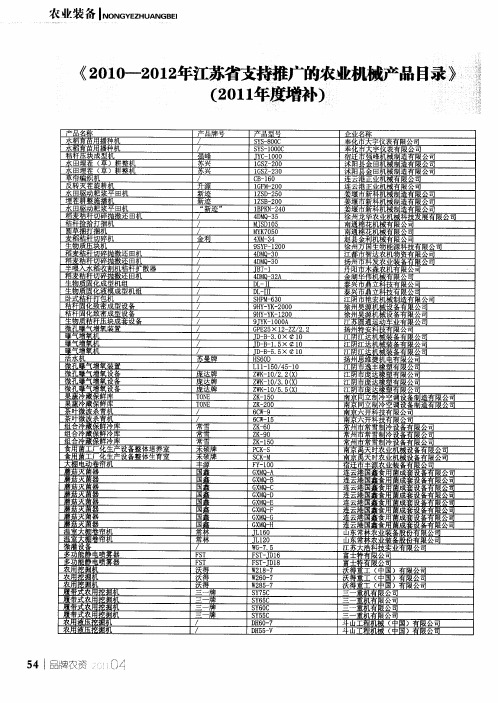 《2010—2012年江苏省支持推广的农业机械产品目录》(2011年度增补)