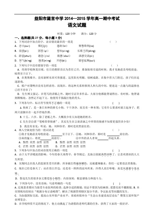 湖南省益阳市箴言中学2014-2015学年高一上学期期中考