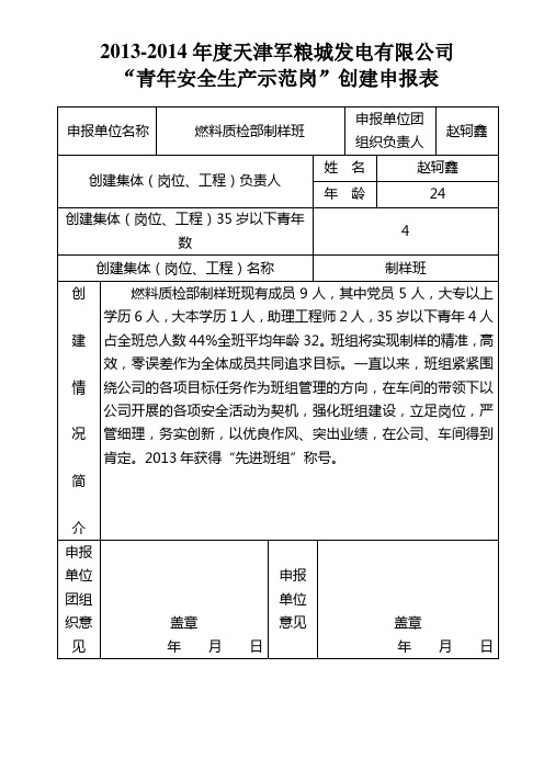 “青年安全生产示范岗”创建申报表