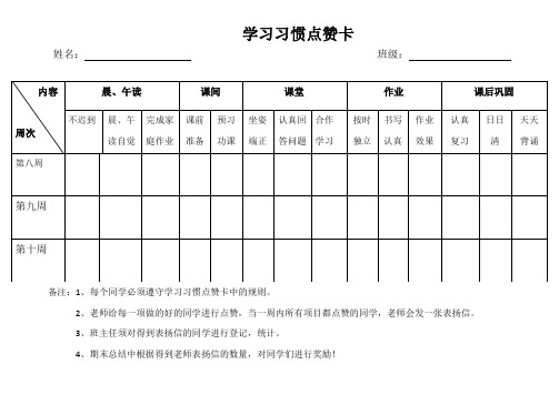 学习习惯养成教育点赞卡