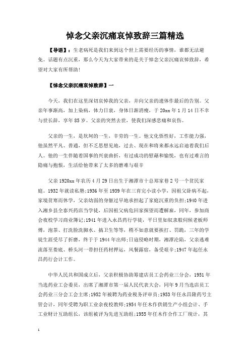 悼念父亲沉痛哀悼致辞讲话发言稿三篇精选