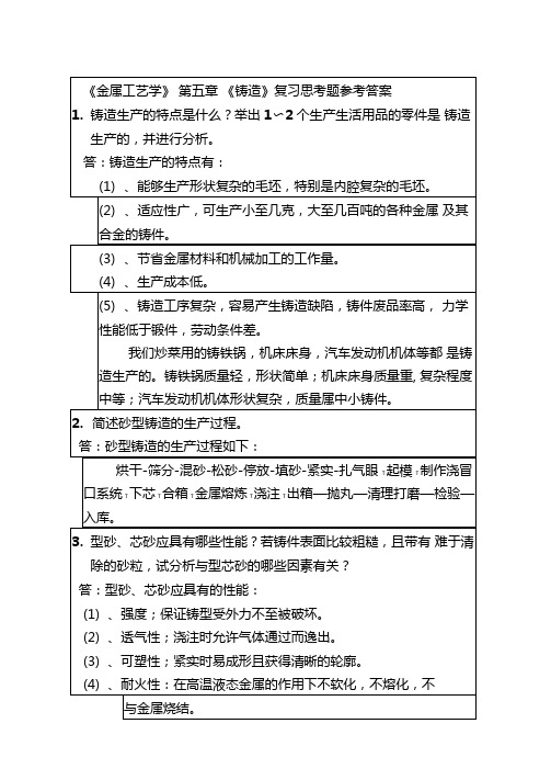 金属工艺学铸造思考题答案