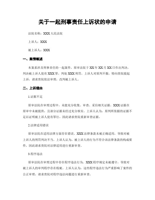 关于一起刑事责任上诉状的申请