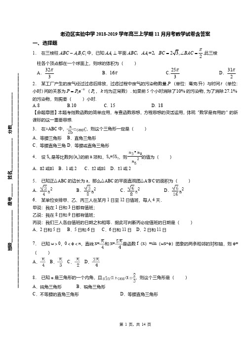 老边区实验中学2018-2019学年高三上学期11月月考数学试卷含答案