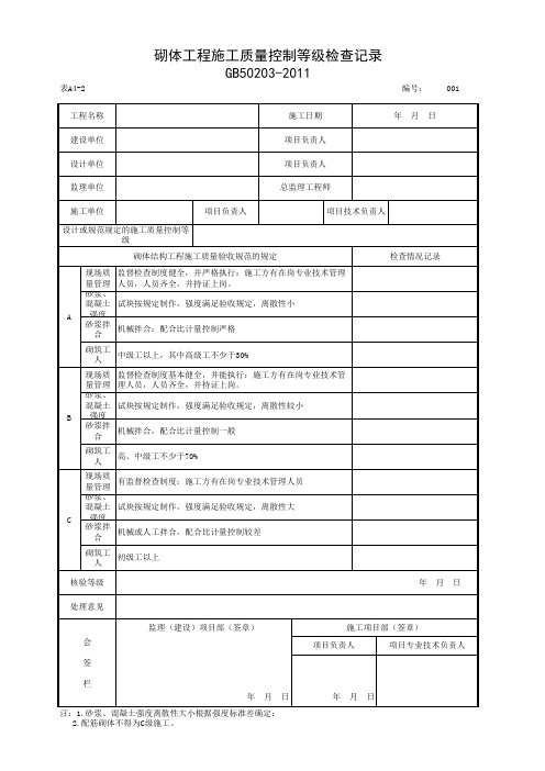 001-表A4-2 砌体施工质量控制等级检查记录