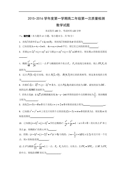 2015-2016学年江苏省徐州市高二第一学期第一次质量检测(9月月考)数学试卷