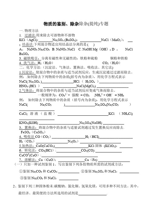 人教版初中化学物质的鉴别、除杂专题