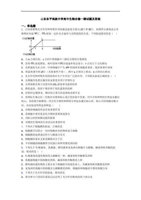 山东东平高级中学高中生物必修一测试题及答案