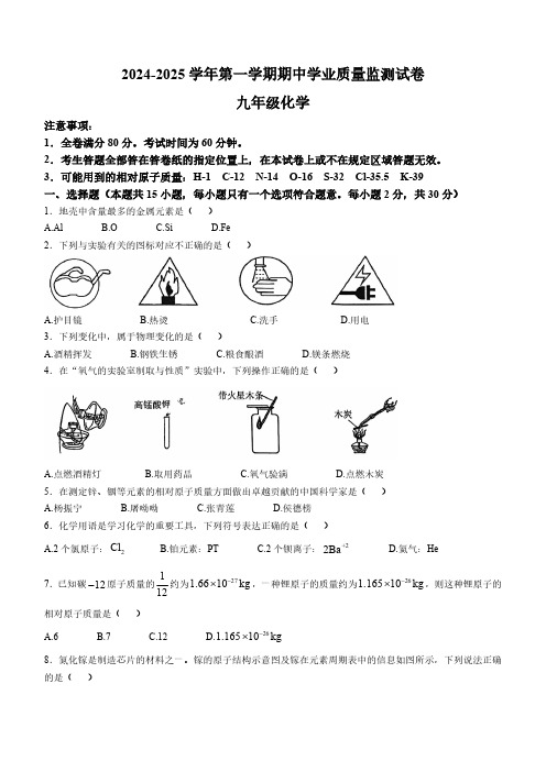 江苏省南京市建邺区2024-2025学年九年级上学期期中质量监测化学试卷(含答案)