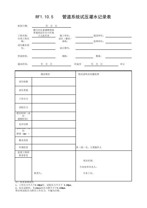 001-1.10.5  管道系统试压灌水记录表