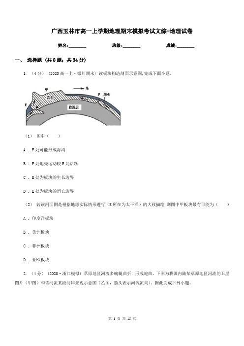 广西玉林市高一上学期地理期末模拟考试文综-地理试卷