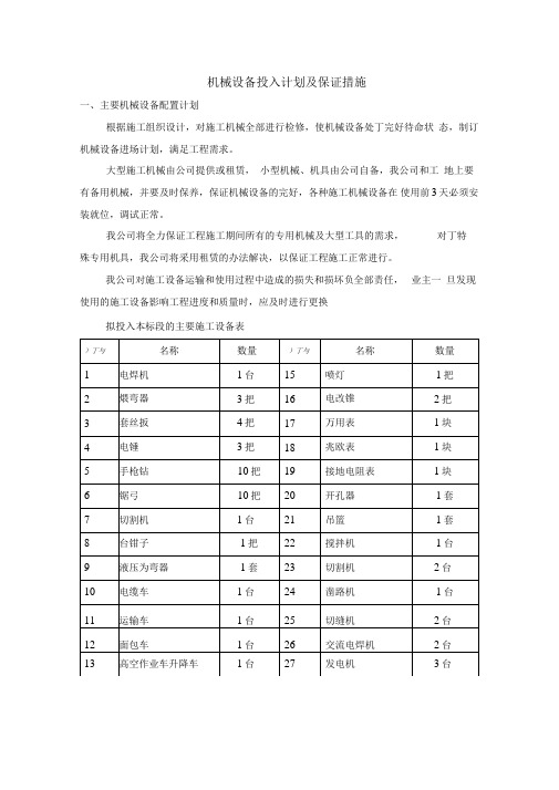 机械设备投入计划及保证措施