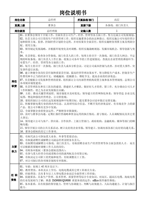 电缆行业-公司高层及主要部门负责人岗位说明书汇编