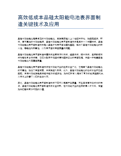 高效低成本晶硅太阳能电池表界面制造关键技术及应用