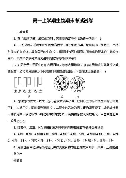 高一上学期生物期末考试试卷第19套真题