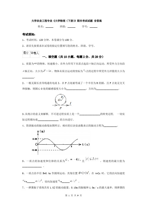 大学农业工程专业《大学物理（下册）》期末考试试题 含答案