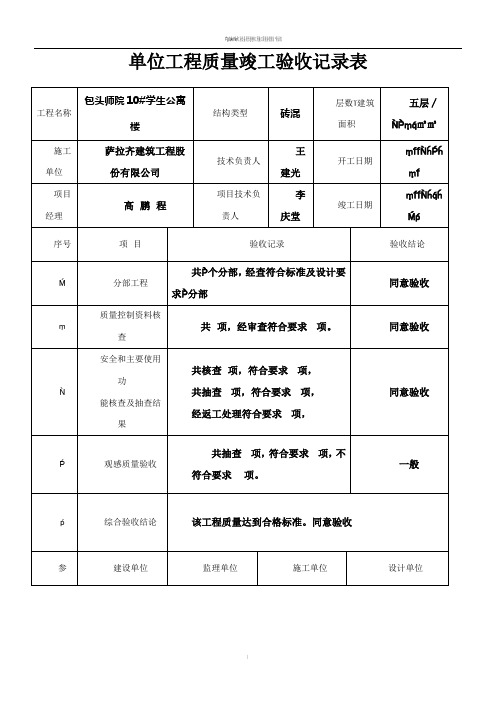 单位(子单位)工程质量竣工验收记录表