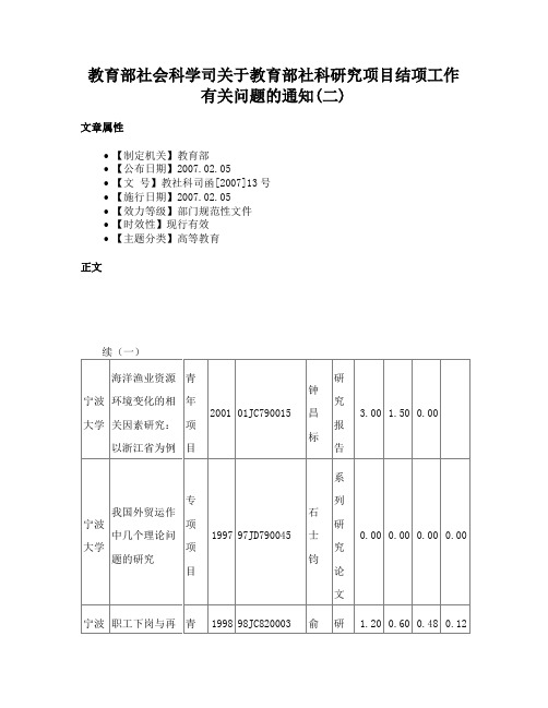 教育部社会科学司关于教育部社科研究项目结项工作有关问题的通知(二)