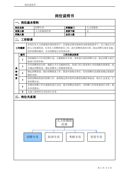 人力资源部招聘专员岗位说明书.doc