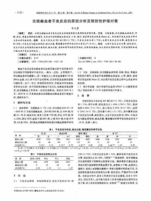 无偿献血者不良反应的原因分析及预防性护理对策