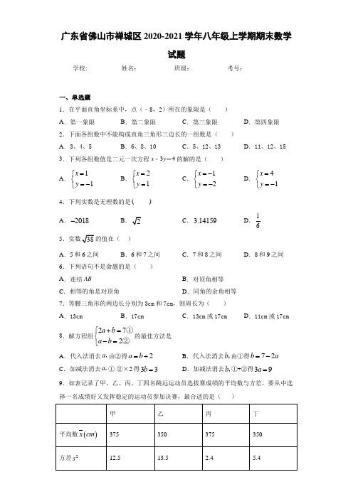 广东省佛山市禅城区2020-2021学年八年级上学期期末数学试题