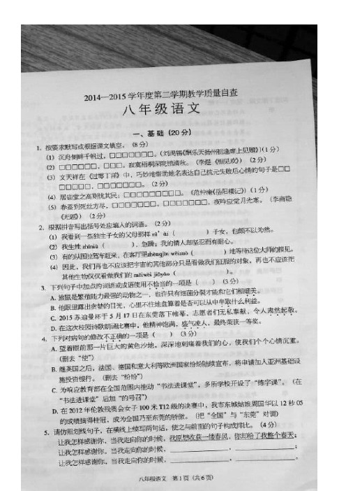 广东省东莞市中堂星晨学校2014-2015学年八年级下学期期末考试 语文试题(图片版)及答案