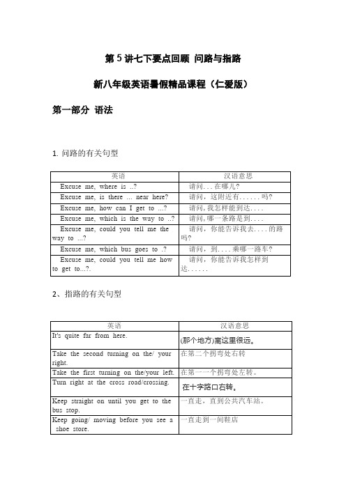 英语(仁爱版)七升八暑假精品课程 第5讲 问路与指路
