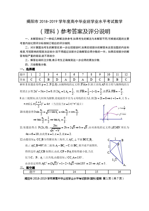 2019年1月20日广东省揭阳市2018-2019学年度高中毕业班学业水平考试理科数学答案