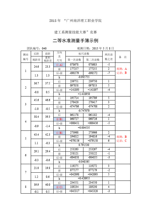 二等水准测量记录计算示例