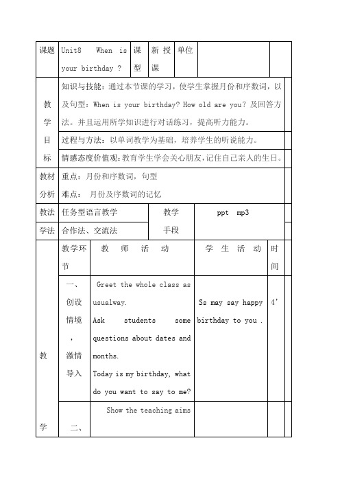 初中英语_Unit 1 When is your birthday 教学设计学情分析教材分析课后反思