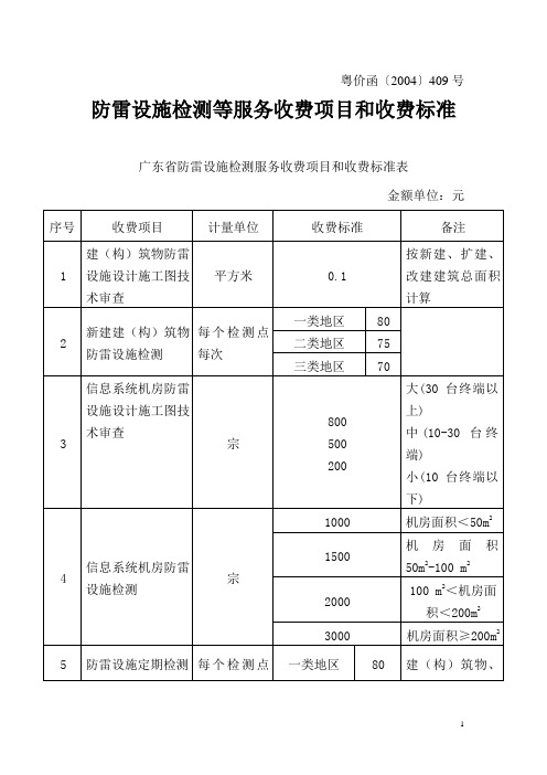 防雷设施检测等服务收费项目和收费标准  粤价函[2004]409号