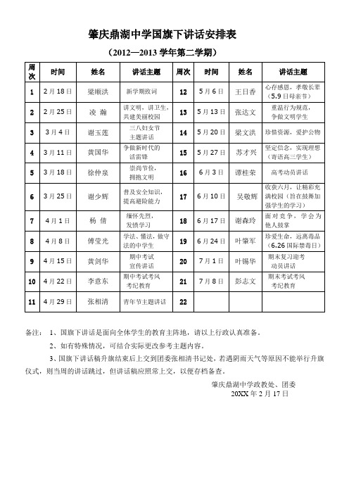 鼎湖中学第二学期国旗下的讲话安排表