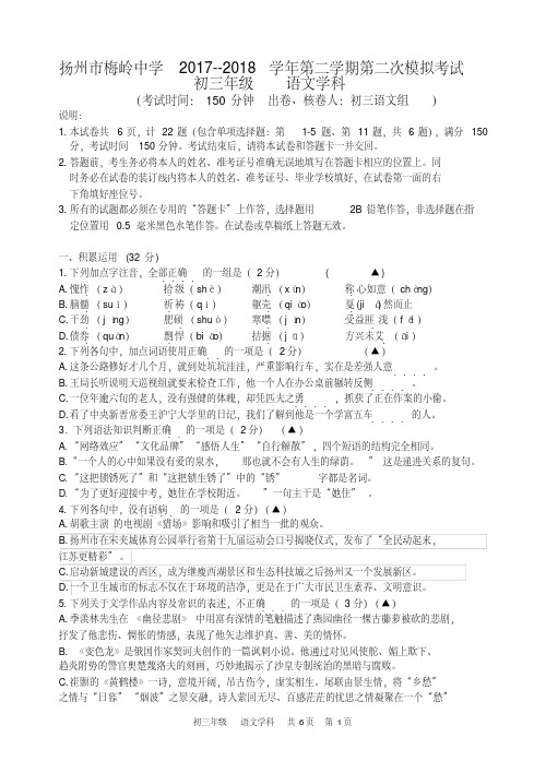 扬州市梅岭中学2018年初三语文二模试卷(含答案).pdf