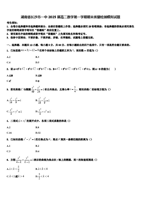 湖南省长沙市一中2025届高二数学第一学期期末质量检测模拟试题含解析