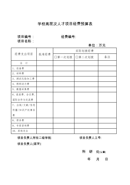 学校高层次人才项目经费预算表