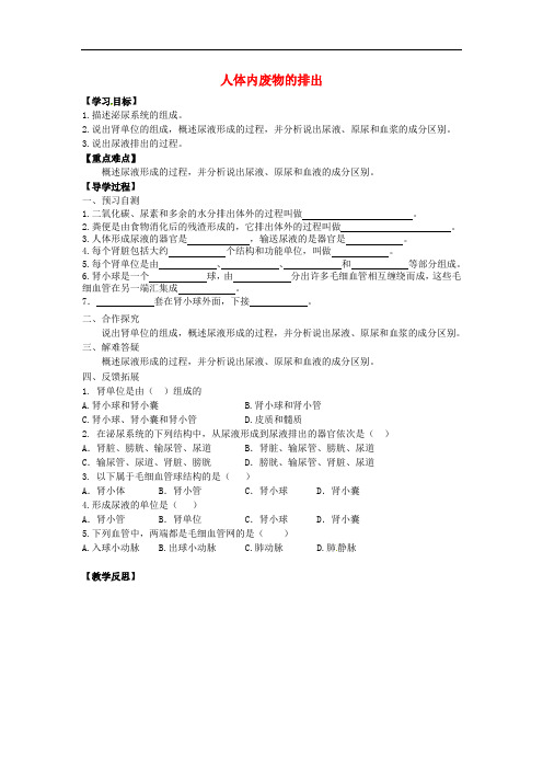 河北省邢台市第二中学七年级生物下册 4.5 人体内废物的排出导学案(无答案)(新版)新人教版