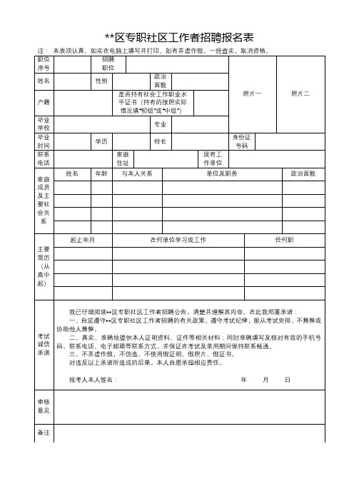 XX区专职社区工作者招聘报名表【模板】
