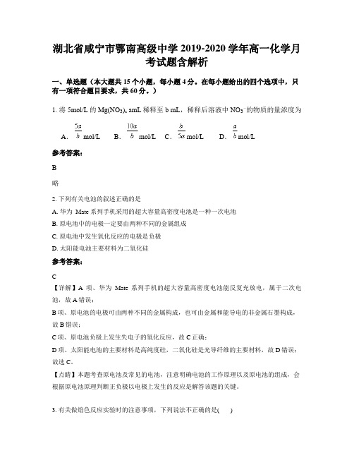 湖北省咸宁市鄂南高级中学2019-2020学年高一化学月考试题含解析