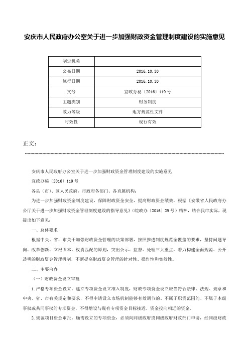 安庆市人民政府办公室关于进一步加强财政资金管理制度建设的实施意见-宜政办秘〔2016〕119号