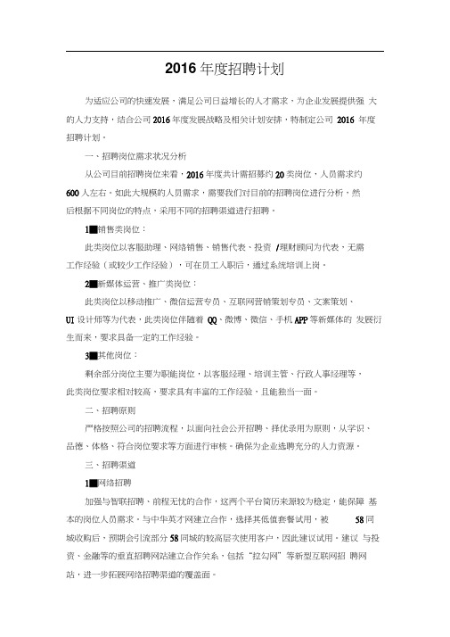 2016年度招聘计划