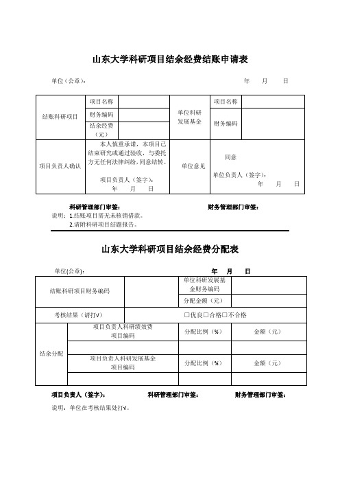 山东大学科研项目结余经费结账申请表