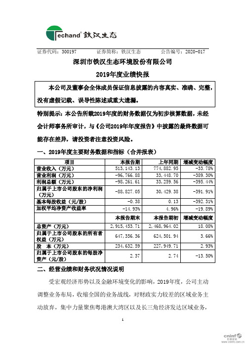 铁汉生态：2019年度业绩快报