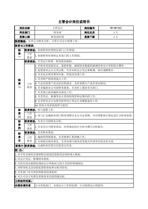 电器家电企业工厂主管会计岗位说明书