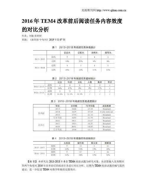 2016年TEM4改革前后阅读任务内容效度的对比分析