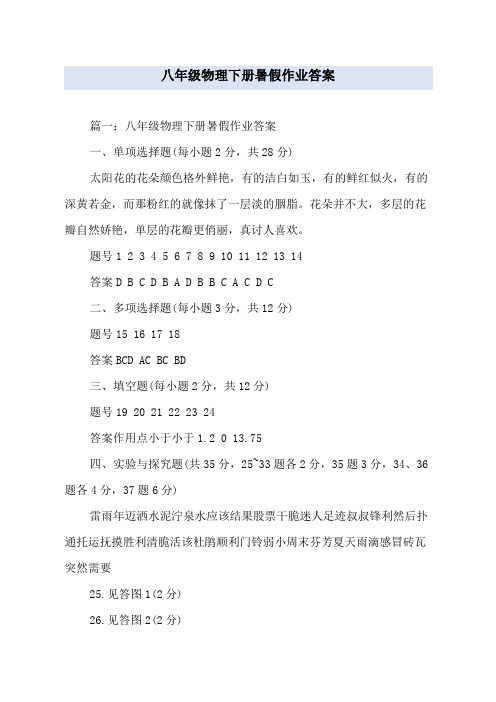 八年级物理下册暑假作业答案