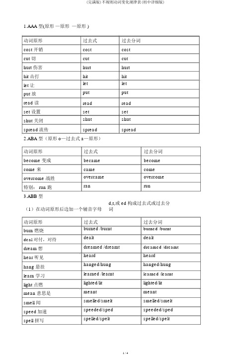 (完整版)不规则动词变化规律表(初中详细版)