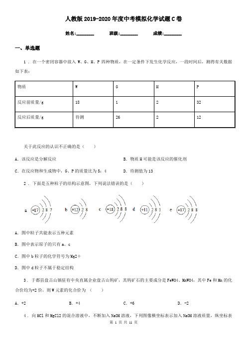 人教版2019-2020年度中考模拟化学试题C卷