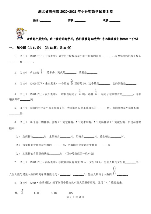 湖北省鄂州市2020-2021年小升初数学试卷B卷