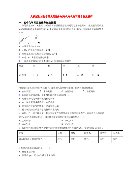 人教版初三化学常见的酸和碱培优培优特训卷含答案解析