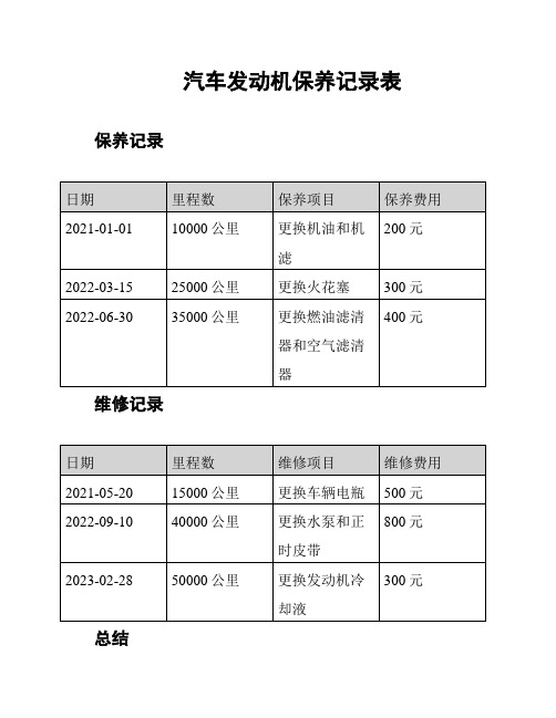 汽车发动机保养记录表